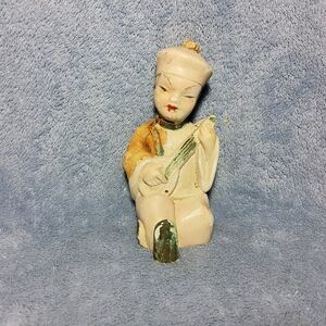 Vintage Oriental Chalkware Plaster Seated Figurine With Mounting Pin 4.25"